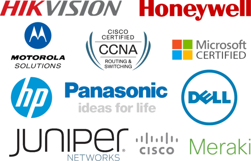 Hikvision, Honeywell, Motorola Solutions, Cisco CCNA, Microsoft Certified, HP, Panasonic, Dell, Juniper Networks, Cisco Meraki